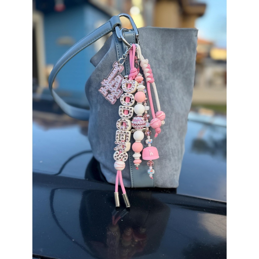 Pink LA Bseball Beaded Keychain, Cute Bag Charm, Handmade Keychain, Soft Chaos